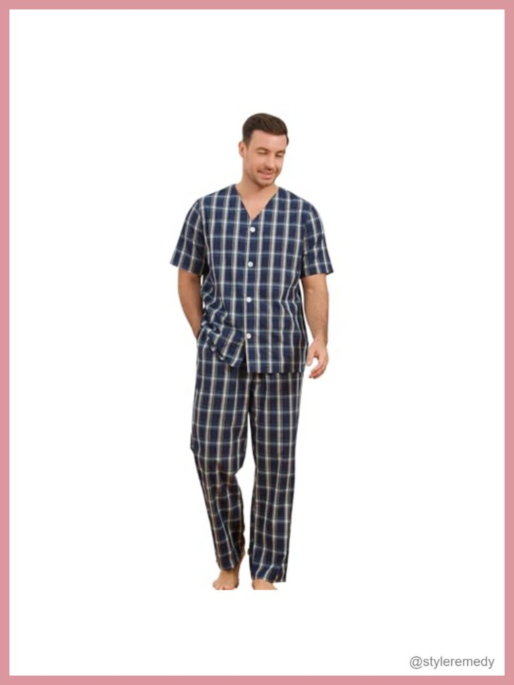 100% Cotton Men's Pajama Set V-Neck Button Down Sleepwear